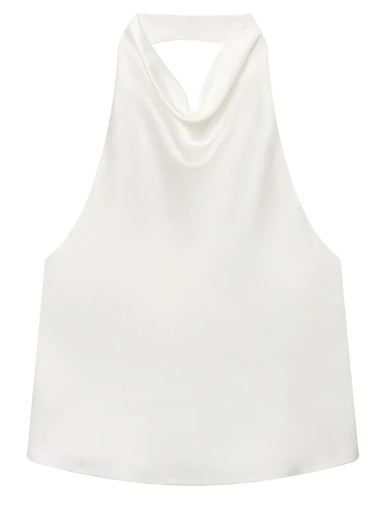 Top tipo corsé con cuello halter de satén para mujer.