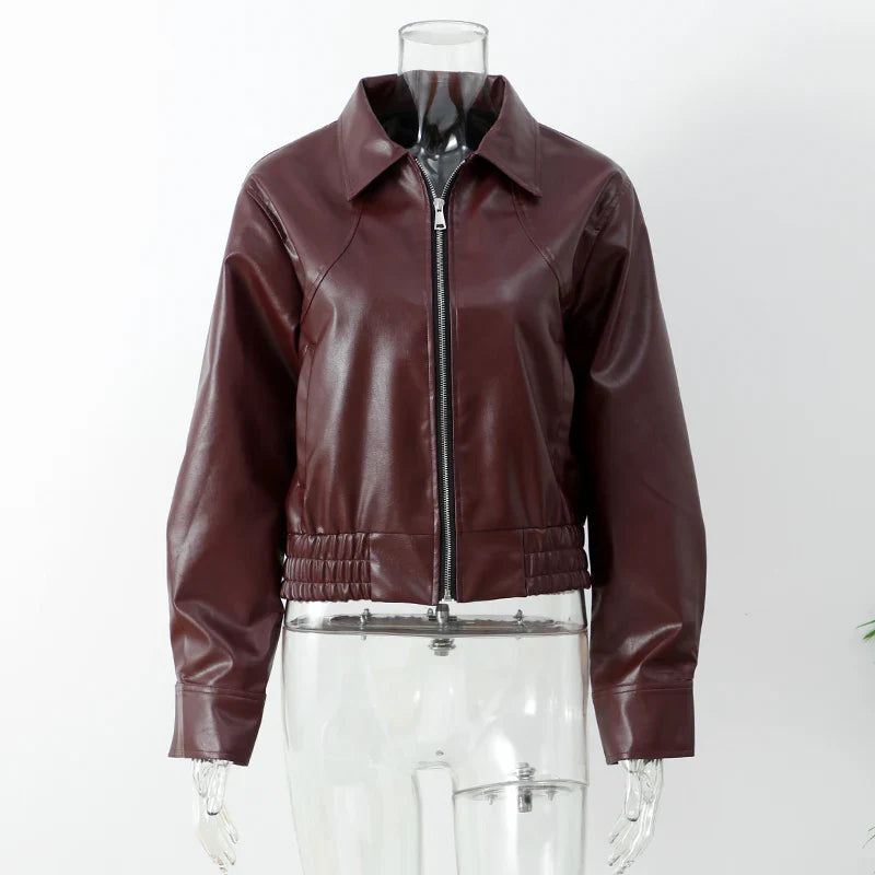Chaqueta de cuero vintage con cremallera para mujer