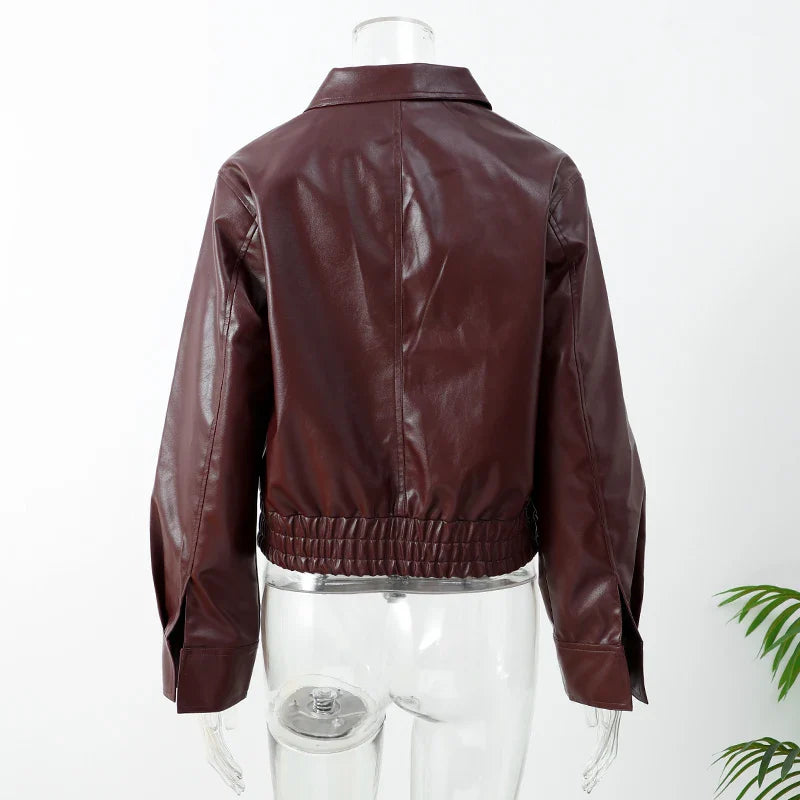 Chaqueta de cuero vintage con cremallera para mujer