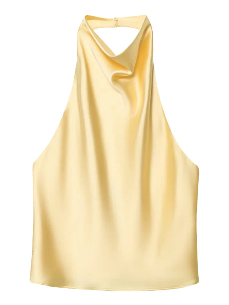 Top tipo corsé con cuello halter de satén para mujer.
